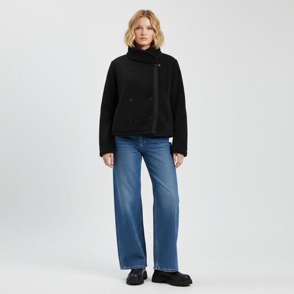 JAMES PERSE Sherpa Jaket Sz 3 Black Double Breasted Mock Neck Grunge Streetwear - Picture 13 of 14